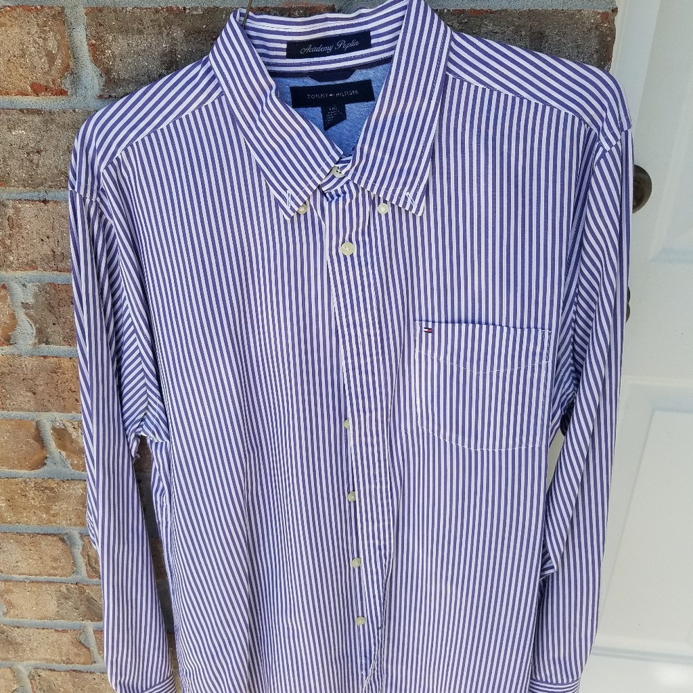 Tommy Hilfiger button up purple/ white pinstriped